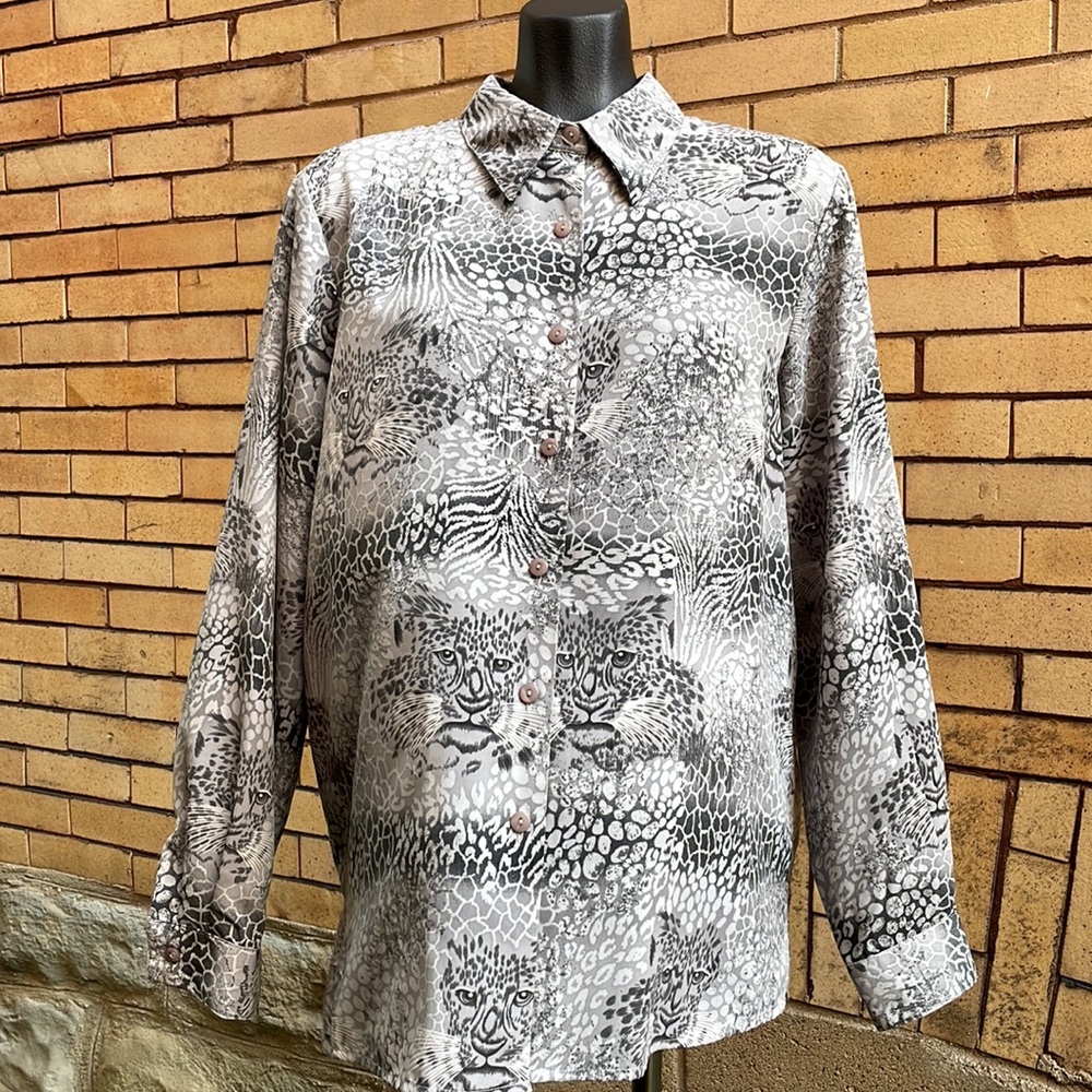 Vintage Alfred Dunner Black Gray Animal Leopard Print Button Up Blouse Size 14